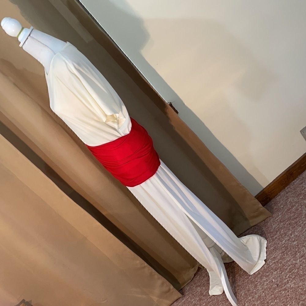 Jackie Rogers Grecian Style Cream maxi Dress, red waist band, neck tie, Medium - Picture 6 of 13